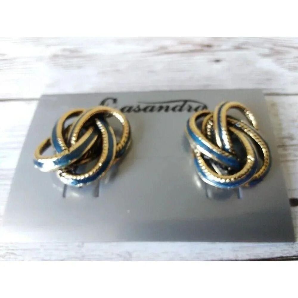 XL 1980s Gold and Blue Gold and Navy Knot Earrings